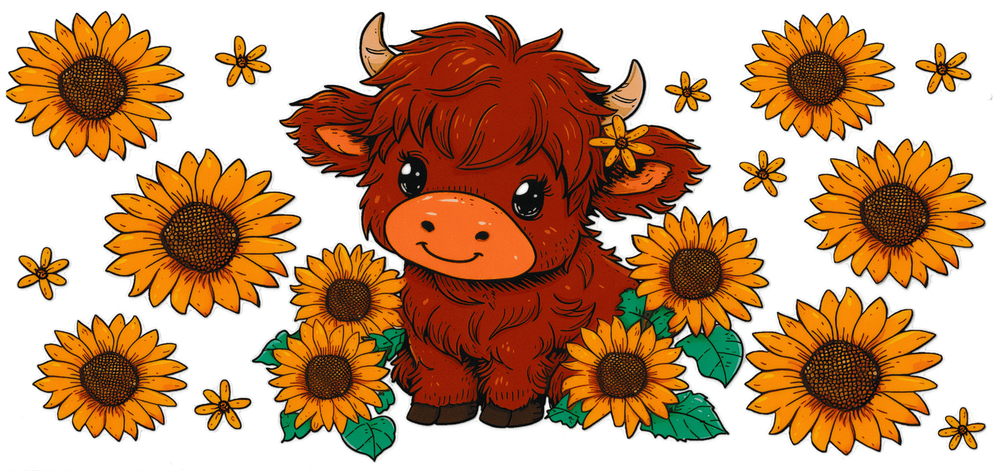 Brown Highland Cow With Sunflowers