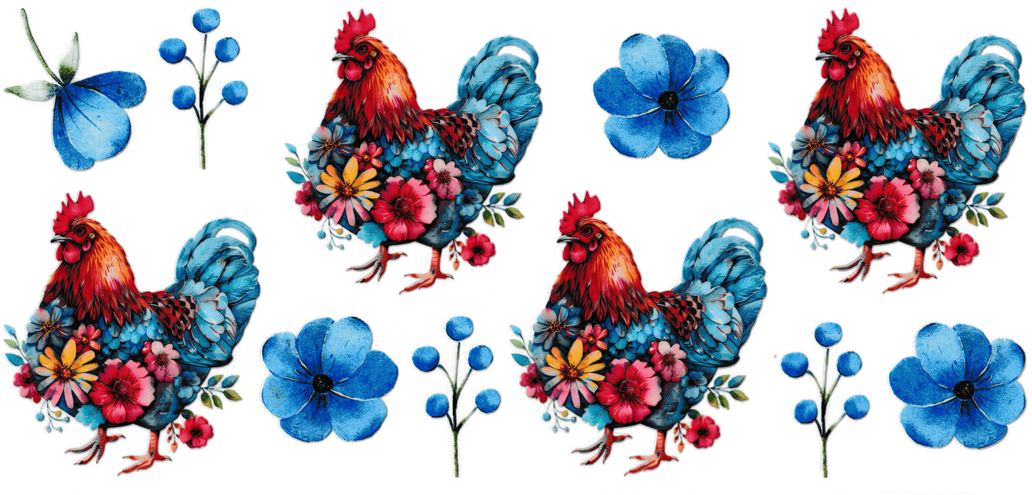 Blue Floral Roosters