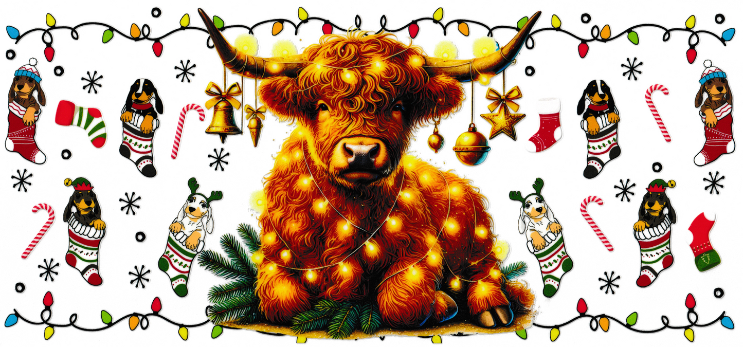 Christmas Lights Highland Cow