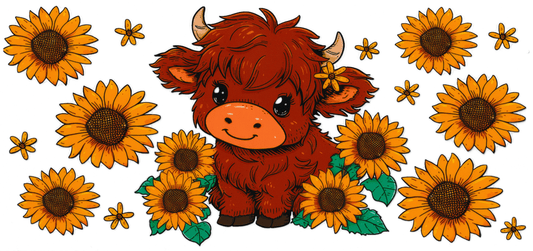 Brown Highland Cow With Sunflowers