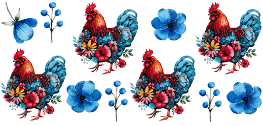 Blue Floral Roosters