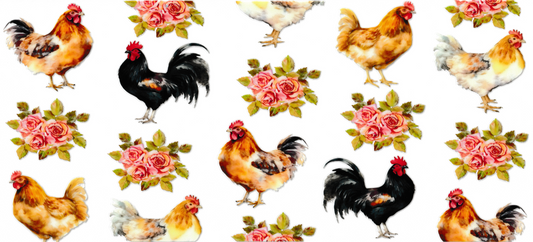 Roosters with Pink Roses